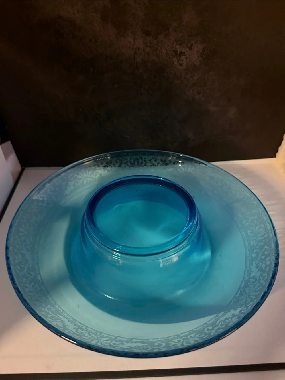 Vintage Edged Blue Glass Chip & Dip Serving Bowl